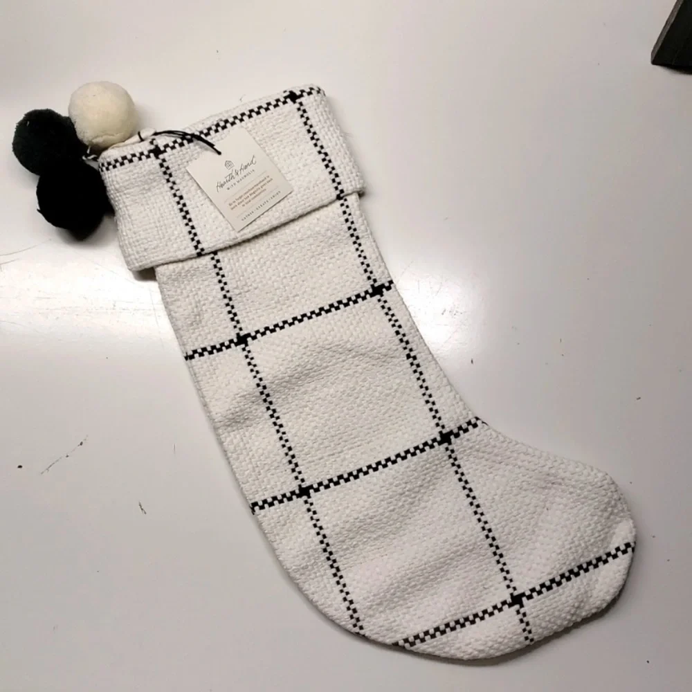 NEW ! Hearth & Hand Windowpane Woven Plaid Poms Gray/ Cream Stocking - Picture 2 of 6
